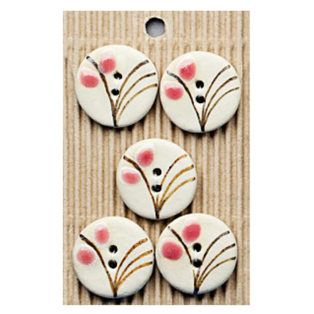 Handmade Buttons Pink Floral Grass - Set of 5 (L297)